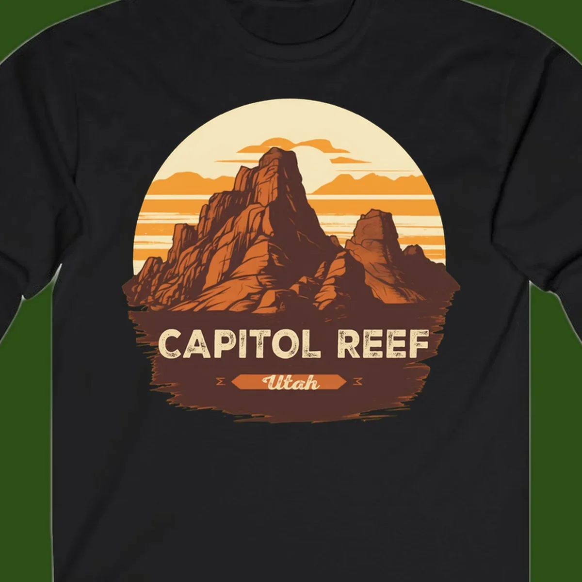 Vintage-style illustration of Capitol Reef Utah's dramatic desert rock formations and buttes against an orange sunset sky with cream clouds