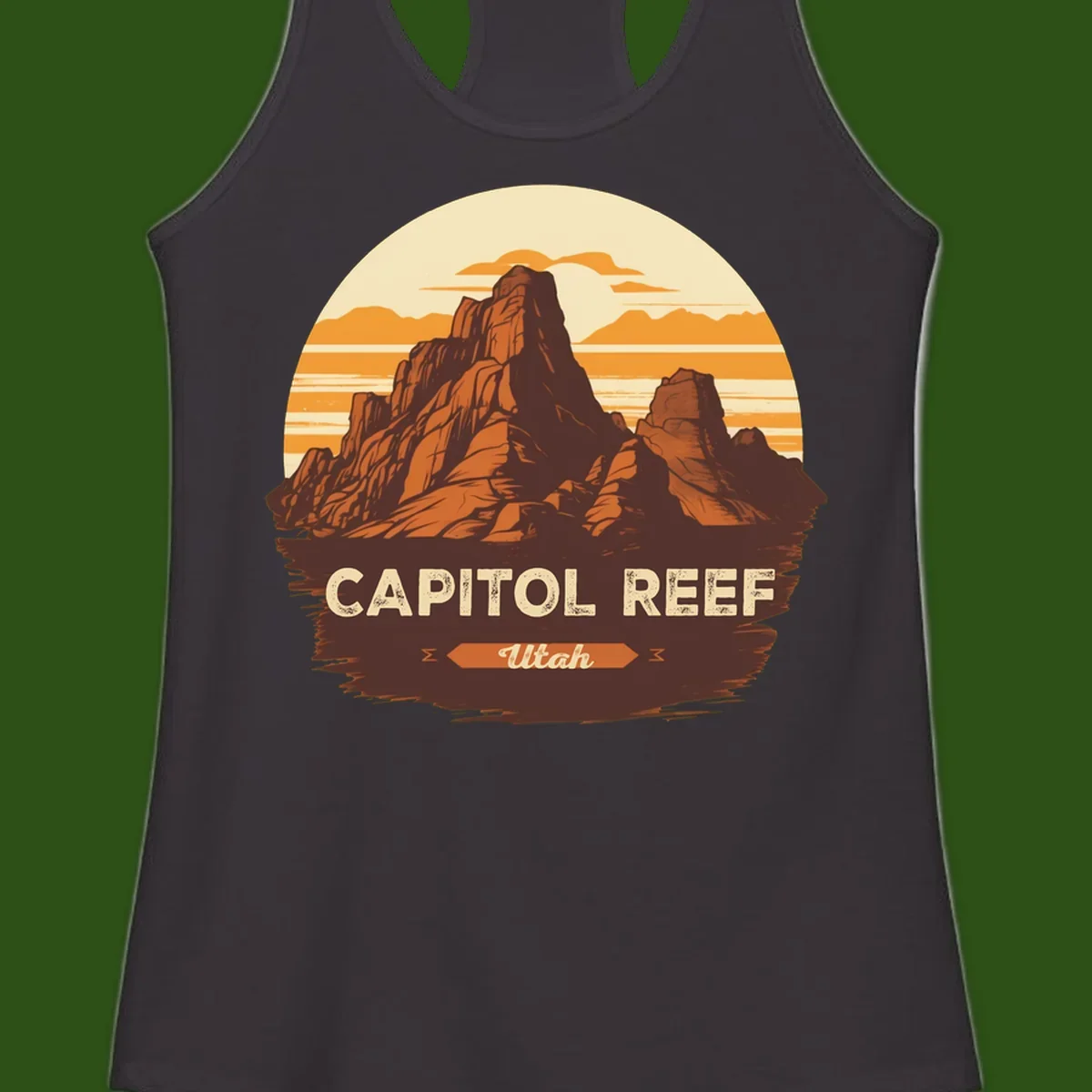 Vintage-style illustration of Capitol Reef Utah's dramatic desert rock formations and buttes against an orange sunset sky with cream clouds