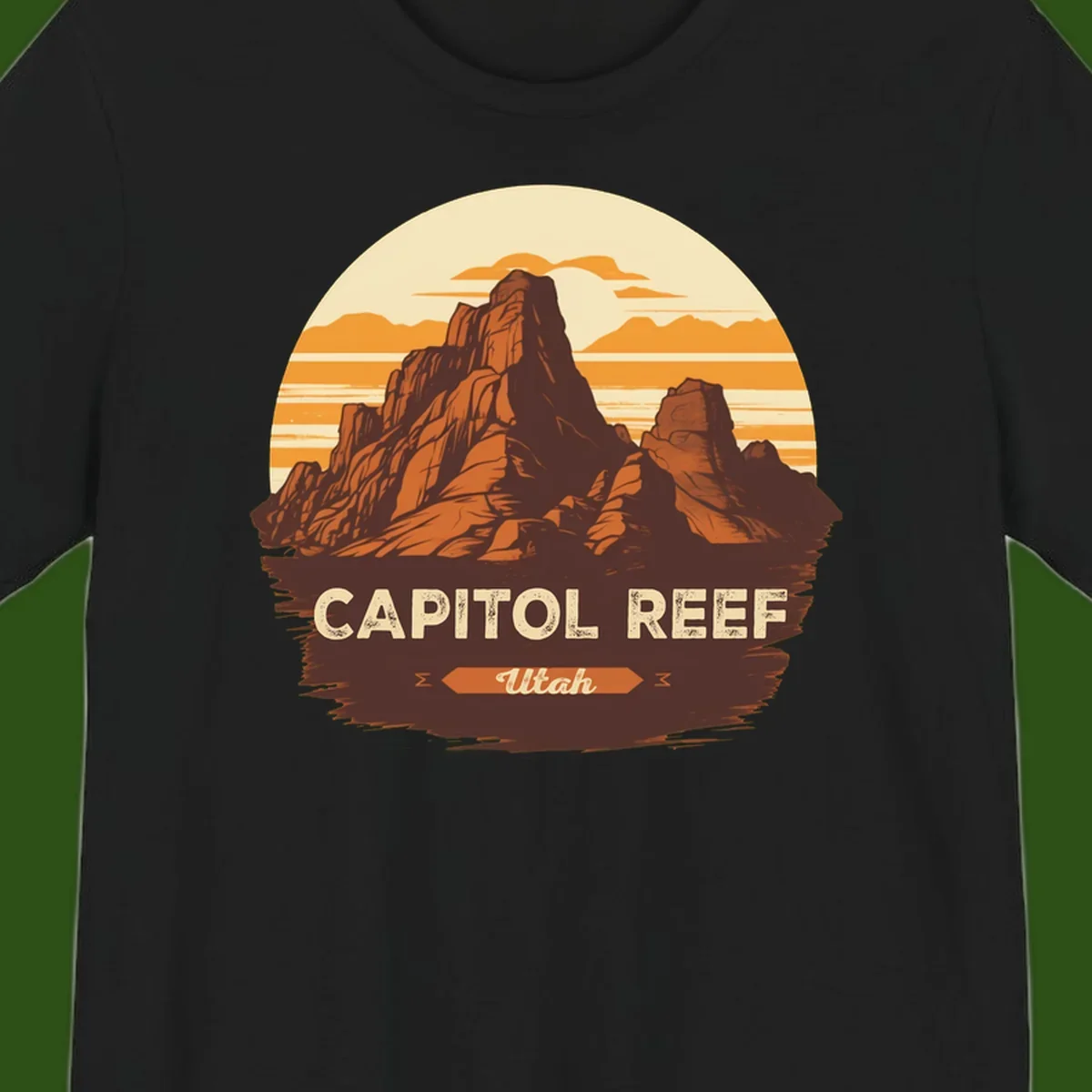 Vintage-style illustration of Capitol Reef Utah's dramatic desert rock formations and buttes against an orange sunset sky with cream clouds