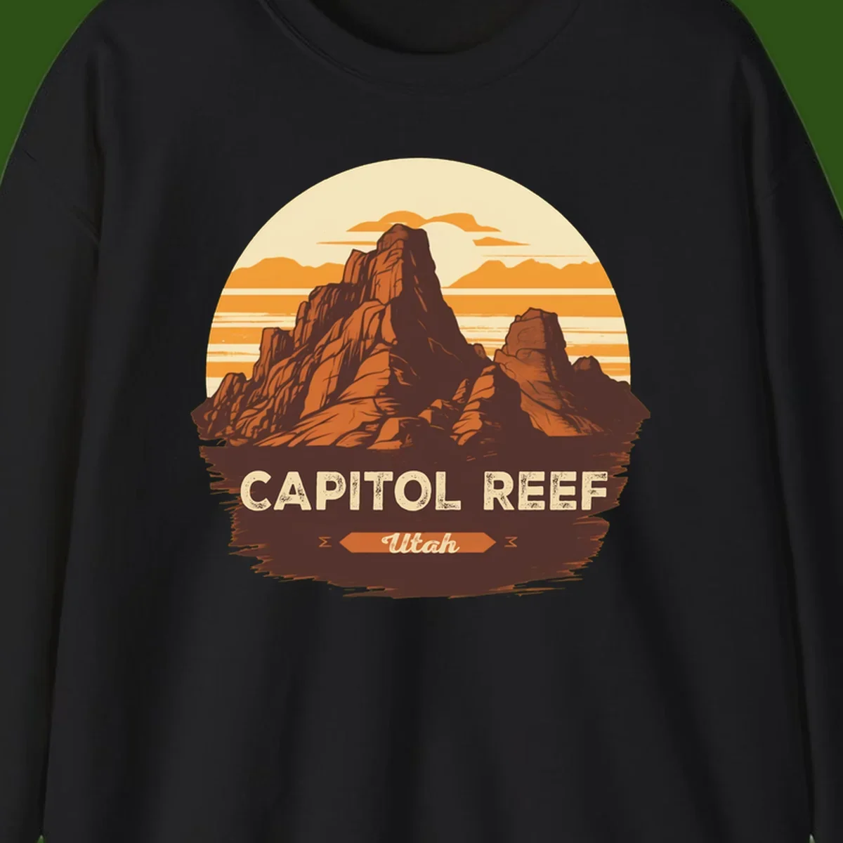 Vintage-style illustration of Capitol Reef Utah's dramatic desert rock formations and buttes against an orange sunset sky with cream clouds