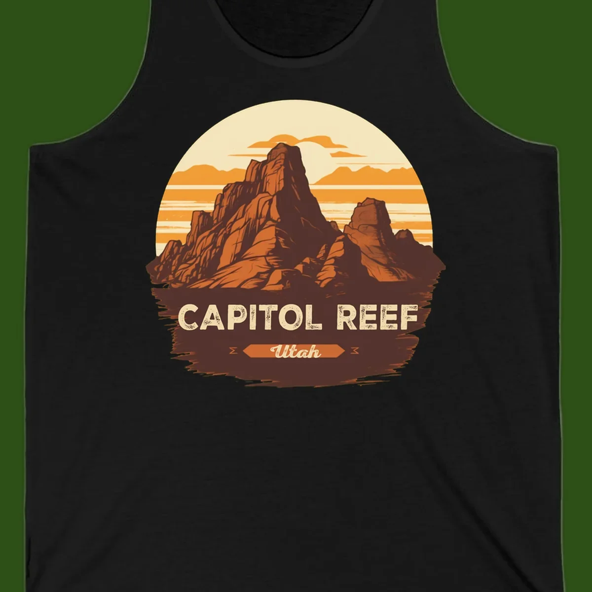 Vintage-style illustration of Capitol Reef Utah's dramatic desert rock formations and buttes against an orange sunset sky with cream clouds