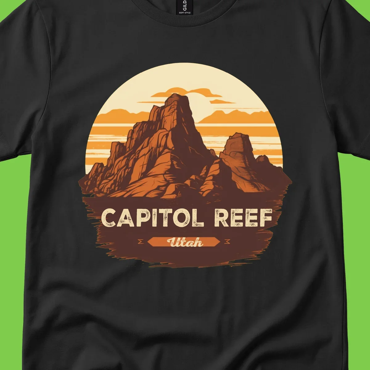 Vintage-style illustration of Capitol Reef Utah's dramatic desert rock formations and buttes against an orange sunset sky with cream clouds