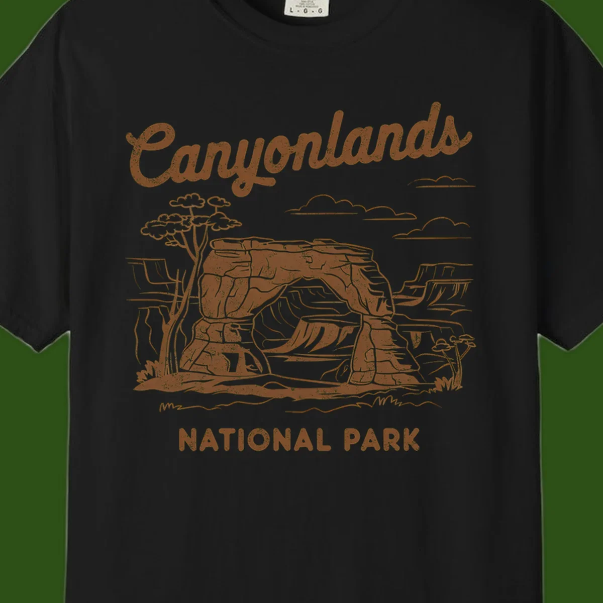 Vintage illustration of Canyonlands National Park featuring layered red rock canyon formations, desert acacia tree, and clouds in rust orange line art.