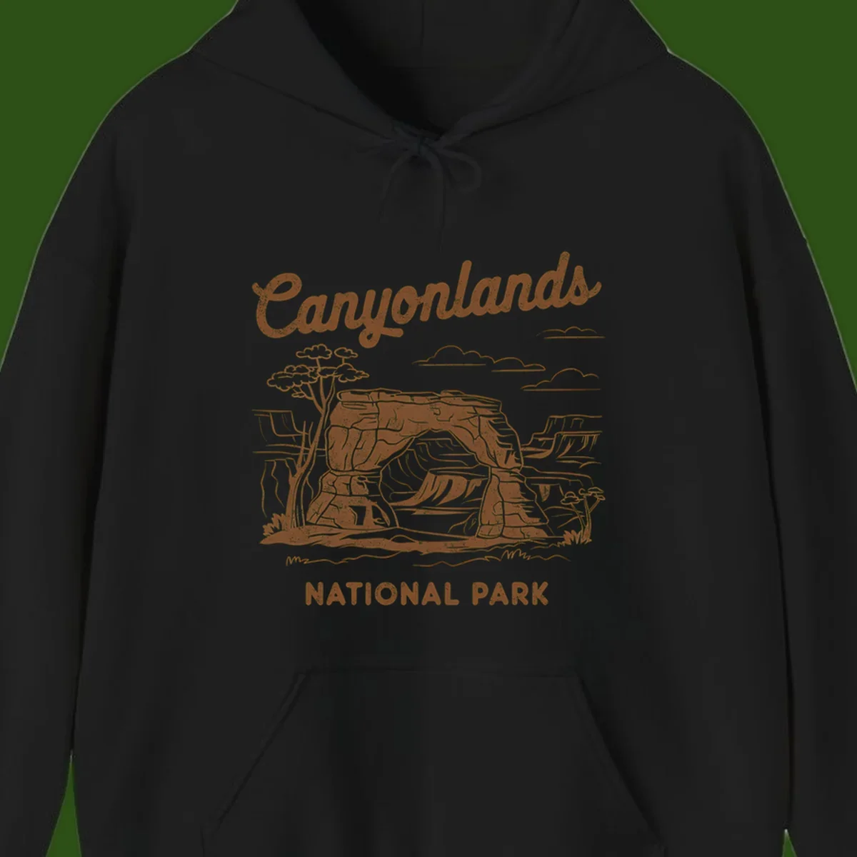 Vintage illustration of Canyonlands National Park featuring layered red rock canyon formations, desert acacia tree, and clouds in rust orange line art.