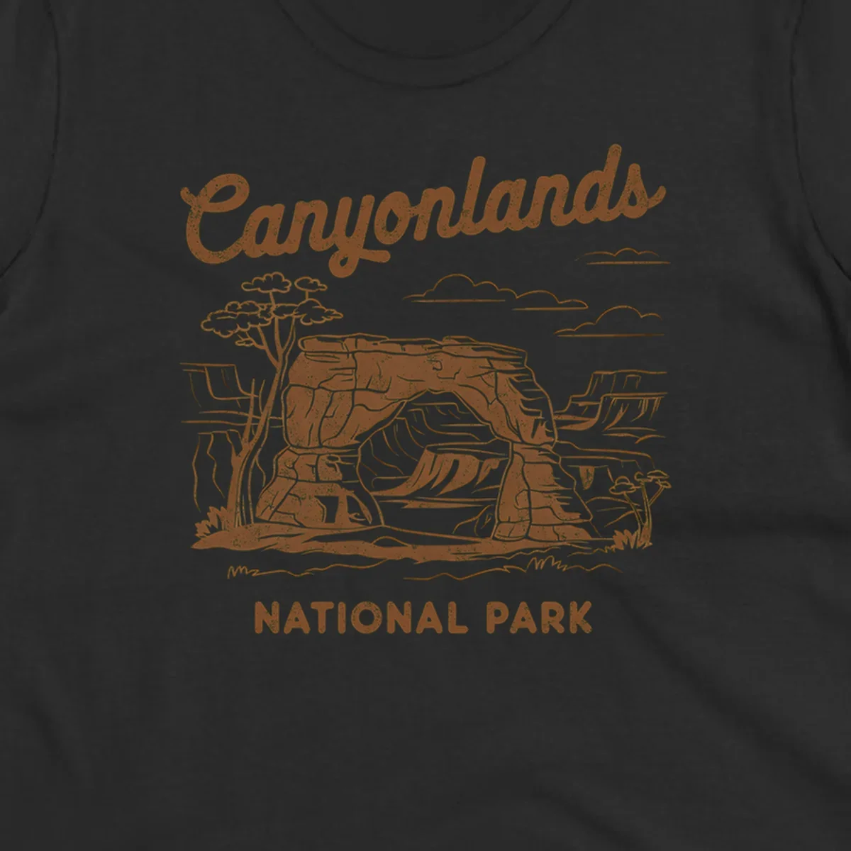 Vintage illustration of Canyonlands National Park featuring layered red rock canyon formations, desert acacia tree, and clouds in rust orange line art.