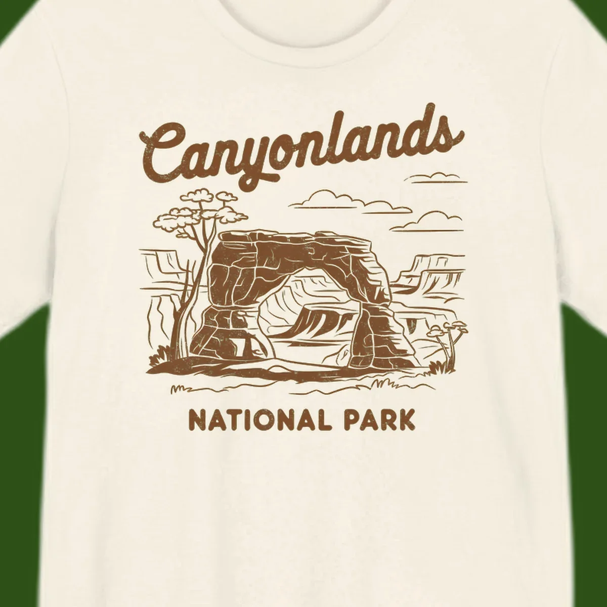 Vintage illustration of Canyonlands National Park featuring layered red rock canyon formations, desert acacia tree, and clouds in rust orange line art.