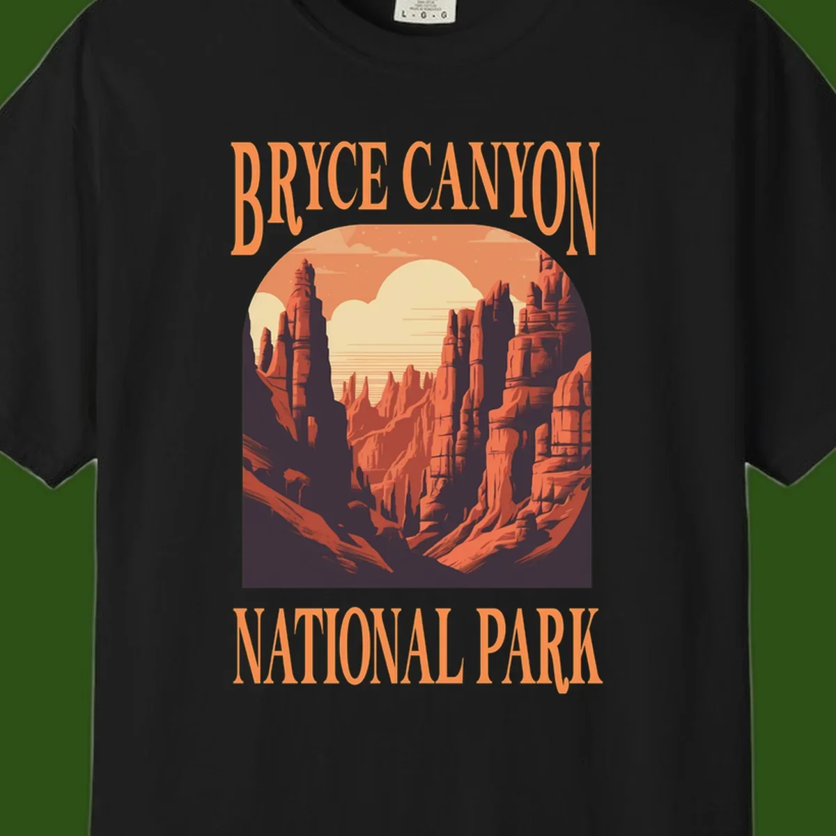 Vintage travel poster illustration of Bryce Canyon hoodoos with sunset sky and rock formations