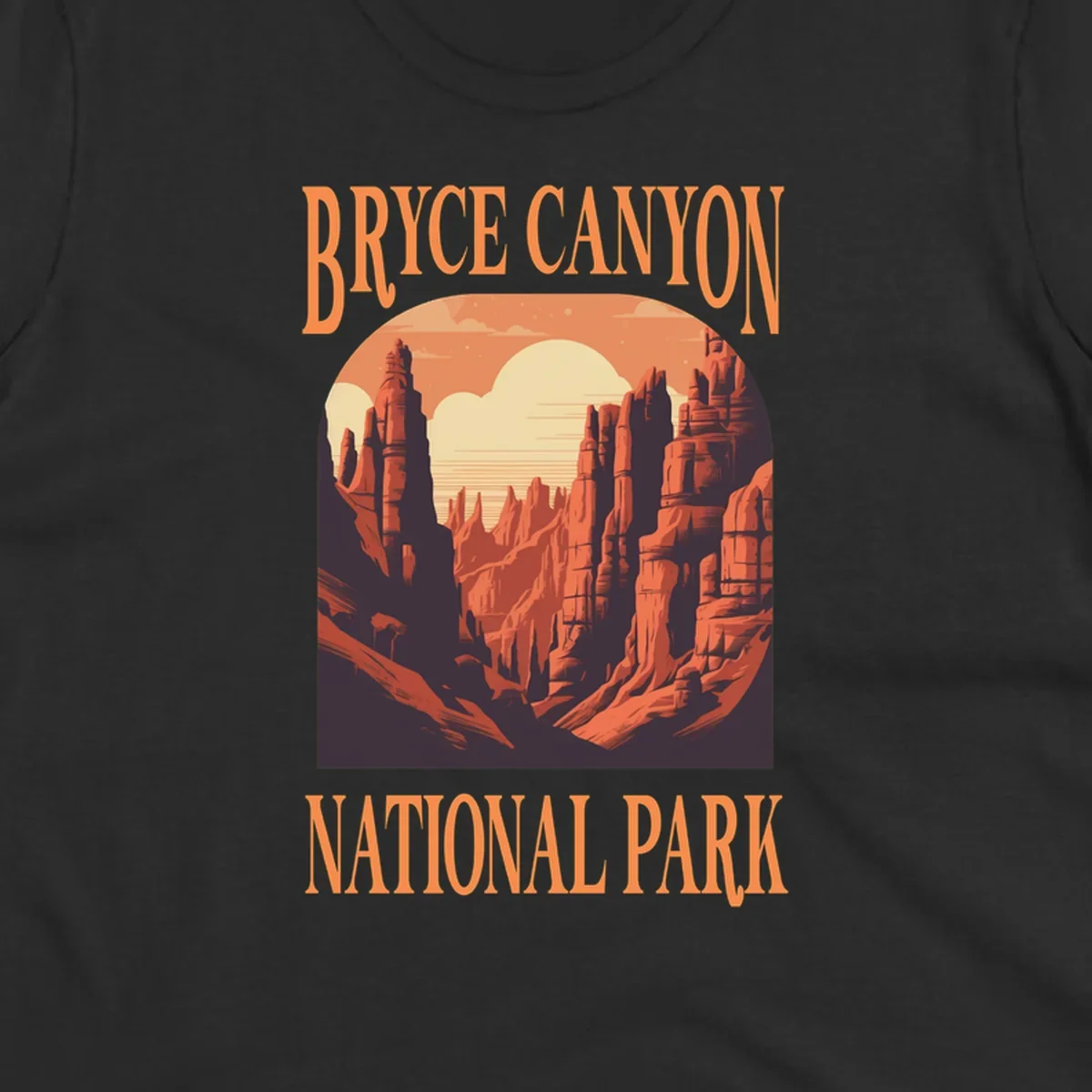 Vintage travel poster illustration of Bryce Canyon hoodoos with sunset sky and rock formations