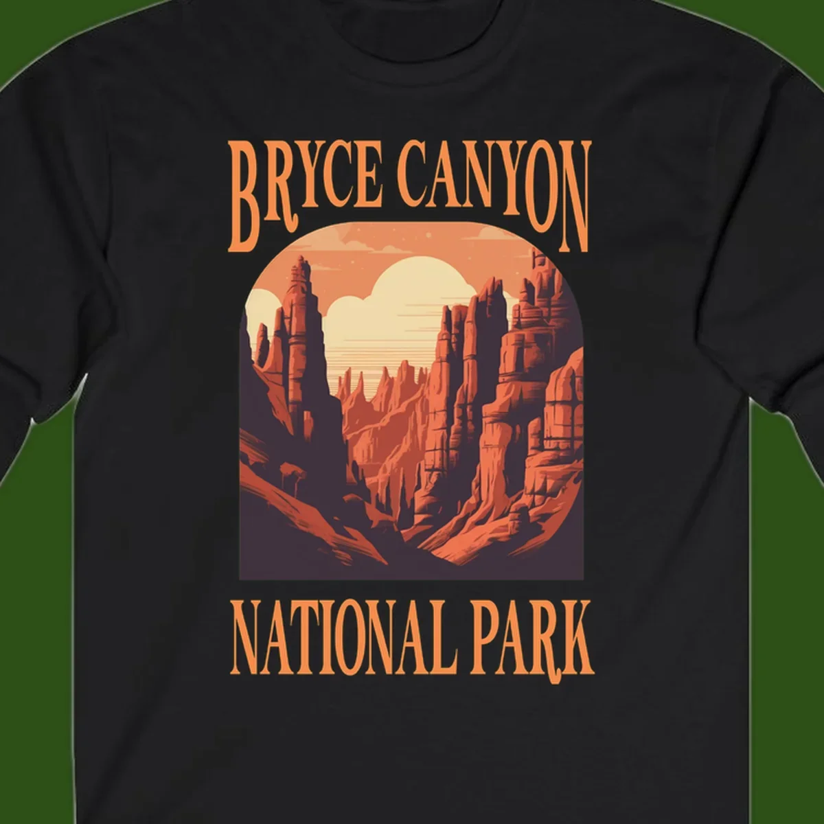 Vintage travel poster illustration of Bryce Canyon hoodoos with sunset sky and rock formations