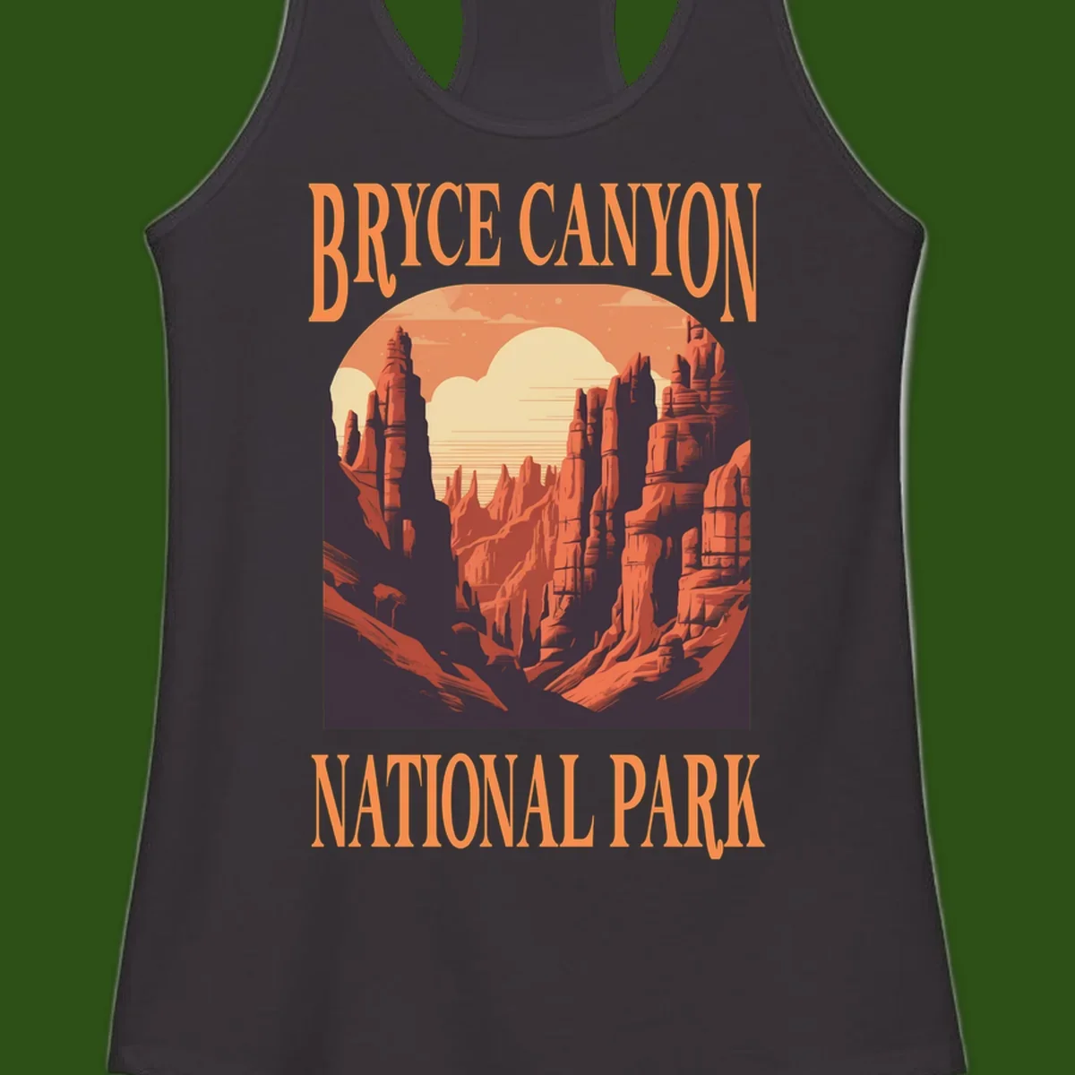 Vintage travel poster illustration of Bryce Canyon hoodoos with sunset sky and rock formations