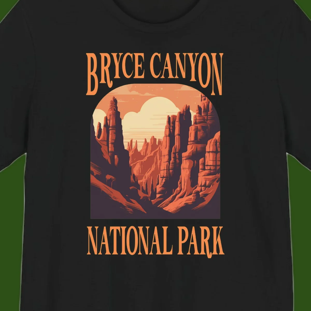 Vintage travel poster illustration of Bryce Canyon hoodoos with sunset sky and rock formations