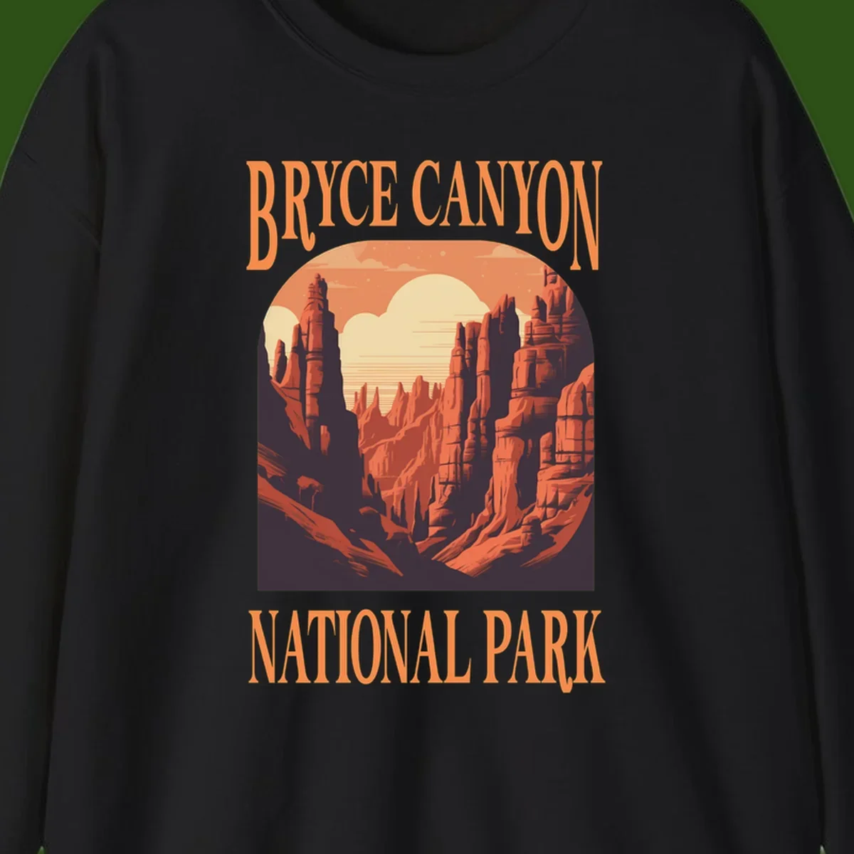 Vintage travel poster illustration of Bryce Canyon hoodoos with sunset sky and rock formations