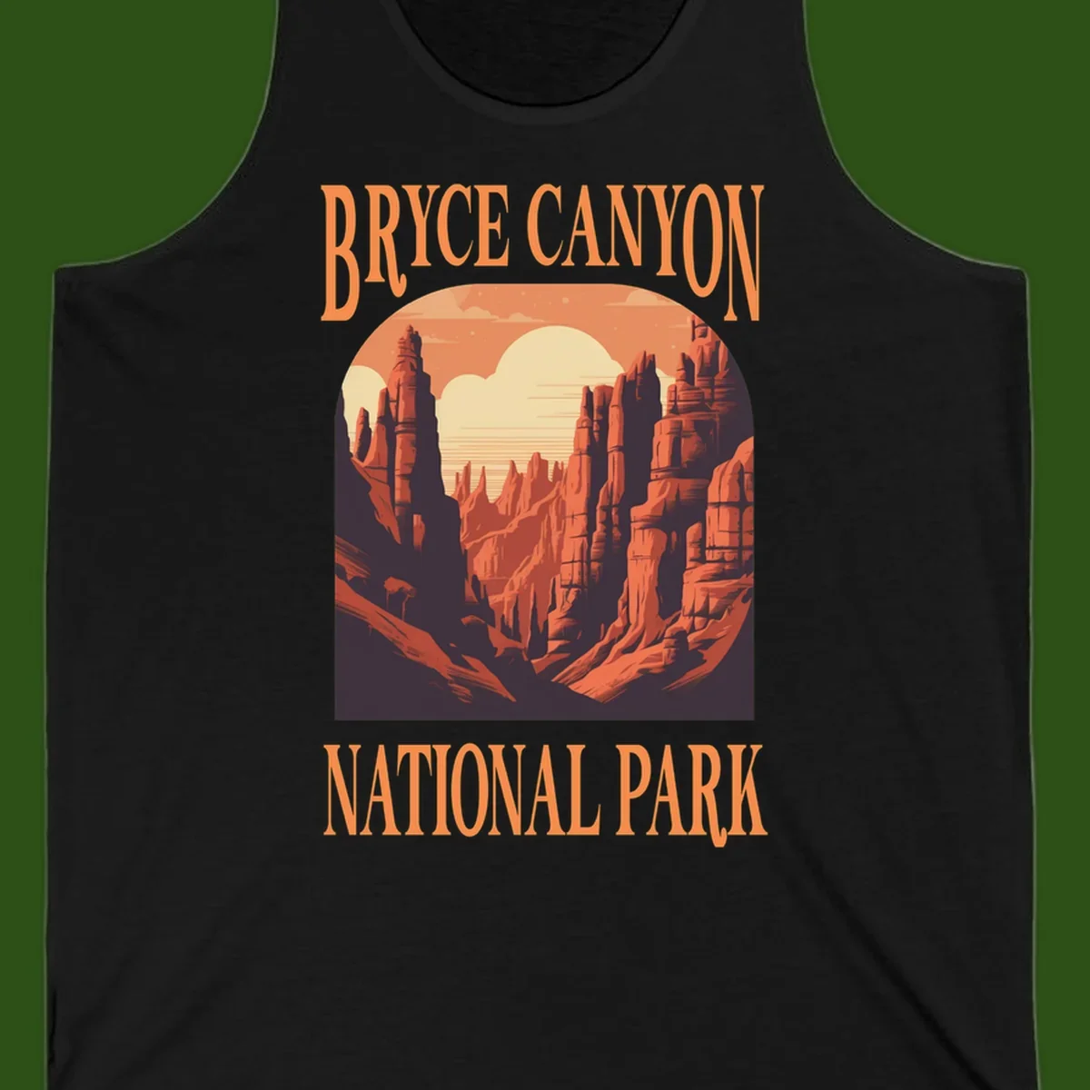 Vintage travel poster illustration of Bryce Canyon hoodoos with sunset sky and rock formations