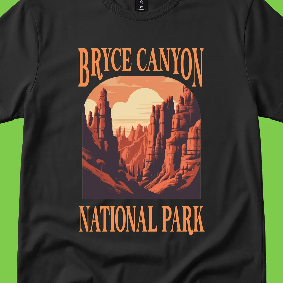 Vintage travel poster illustration of Bryce Canyon hoodoos with sunset sky and rock formations