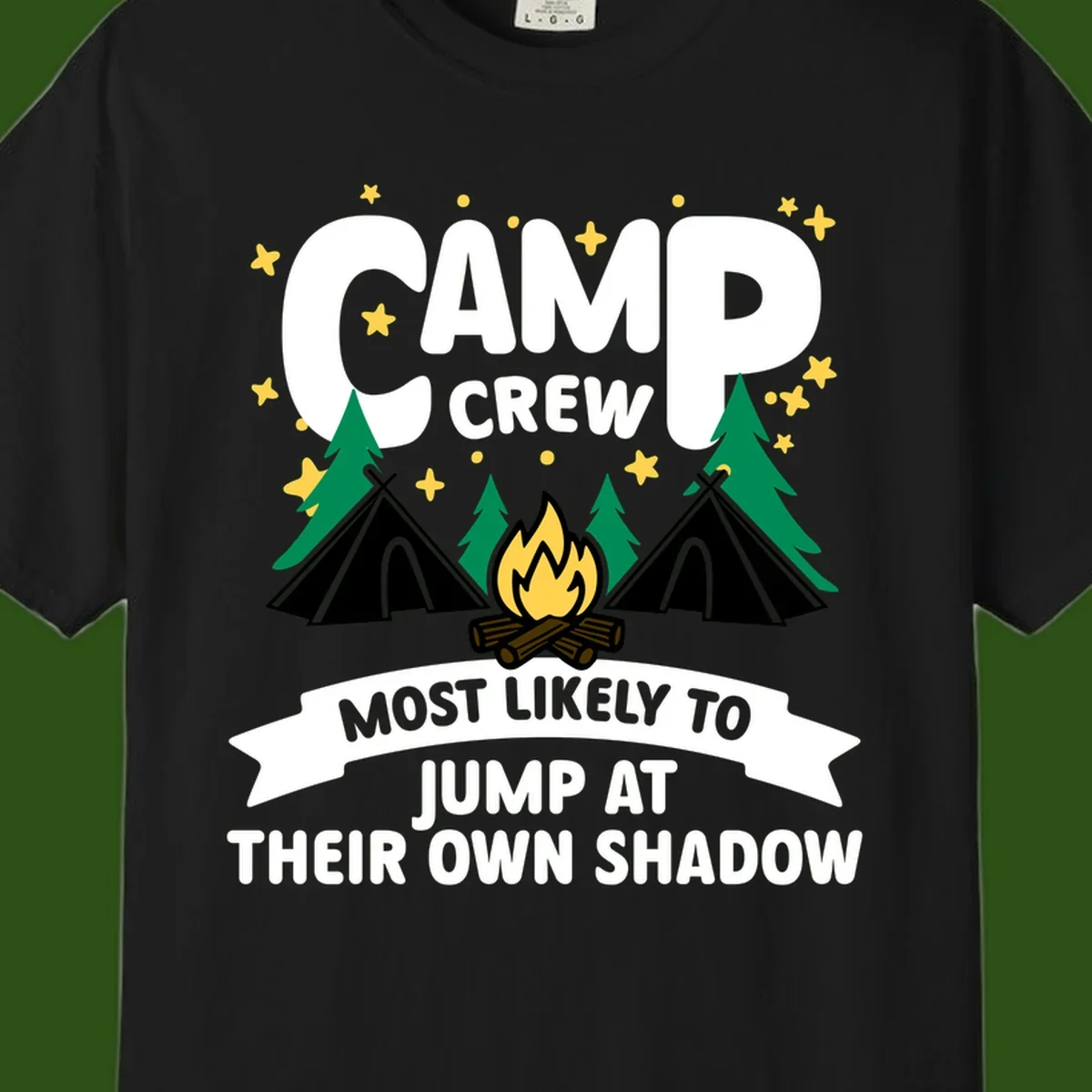 Camp crew graphic with tents, campfire, trees and stars showing text 'most likely to jump at their own shadow'