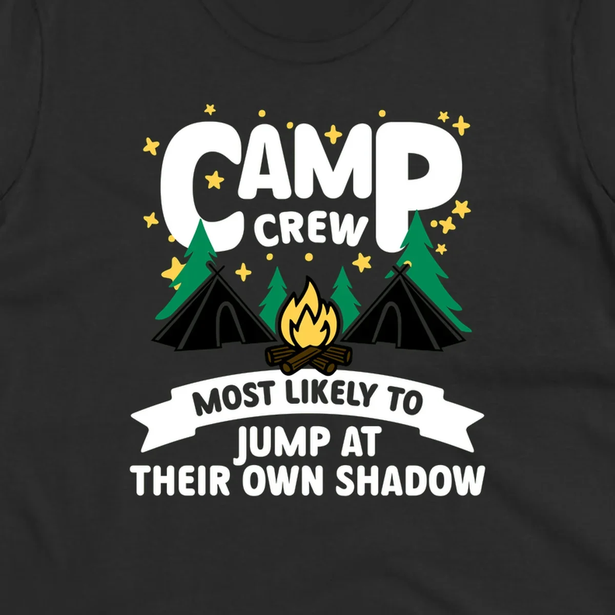 Camp crew graphic with tents, campfire, trees and stars showing text 'most likely to jump at their own shadow'