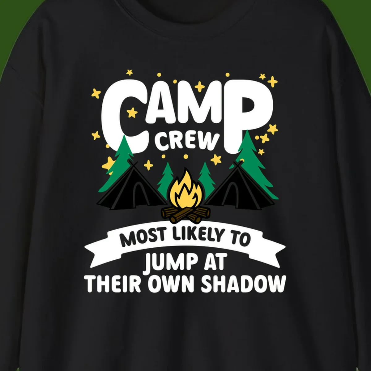 Camp crew graphic with tents, campfire, trees and stars showing text 'most likely to jump at their own shadow'