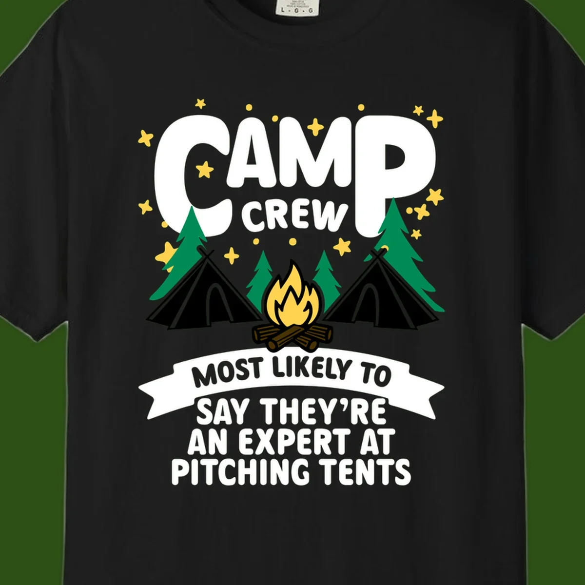 Illustration of camp crew tent pitching design with campfire, tents, trees, and stars on gray background