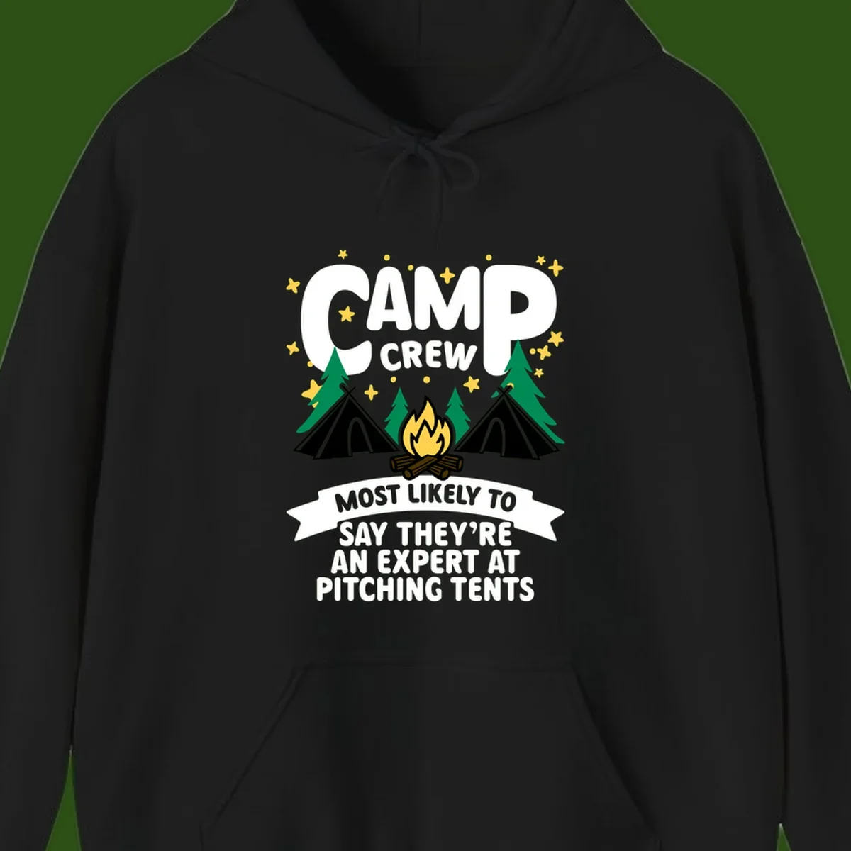 Illustration of camp crew tent pitching design with campfire, tents, trees, and stars on gray background