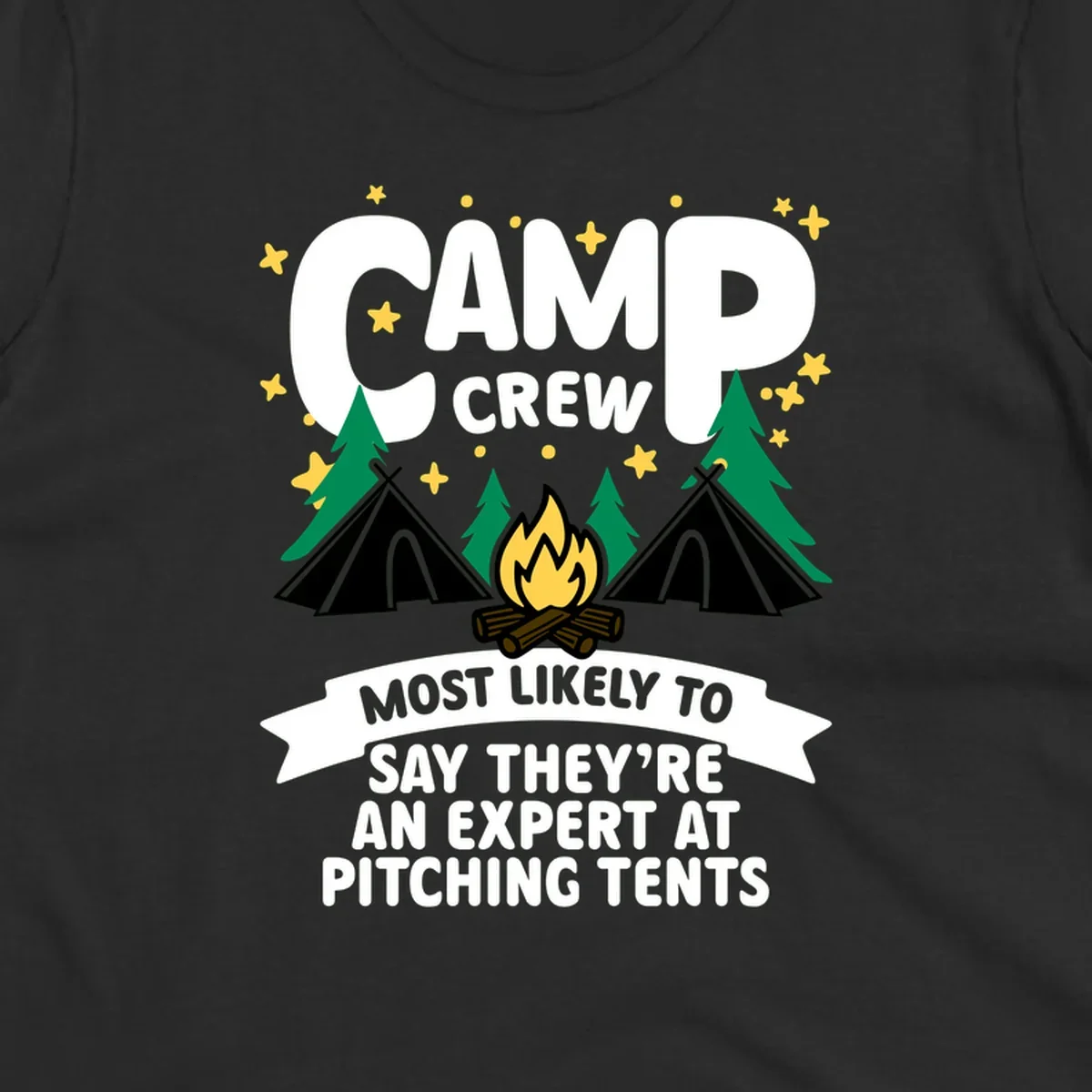 Illustration of camp crew tent pitching design with campfire, tents, trees, and stars on gray background