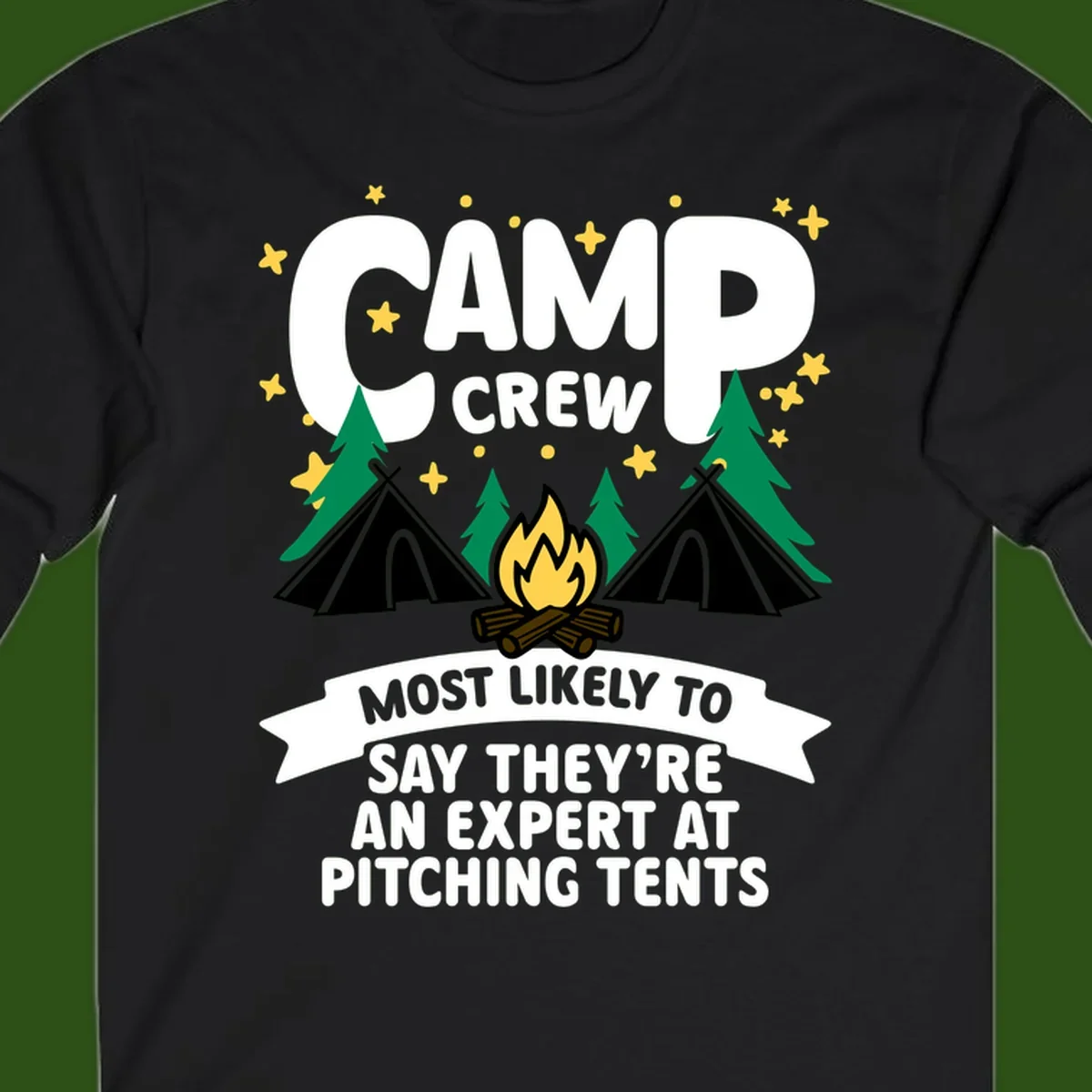 Illustration of camp crew tent pitching design with campfire, tents, trees, and stars on gray background