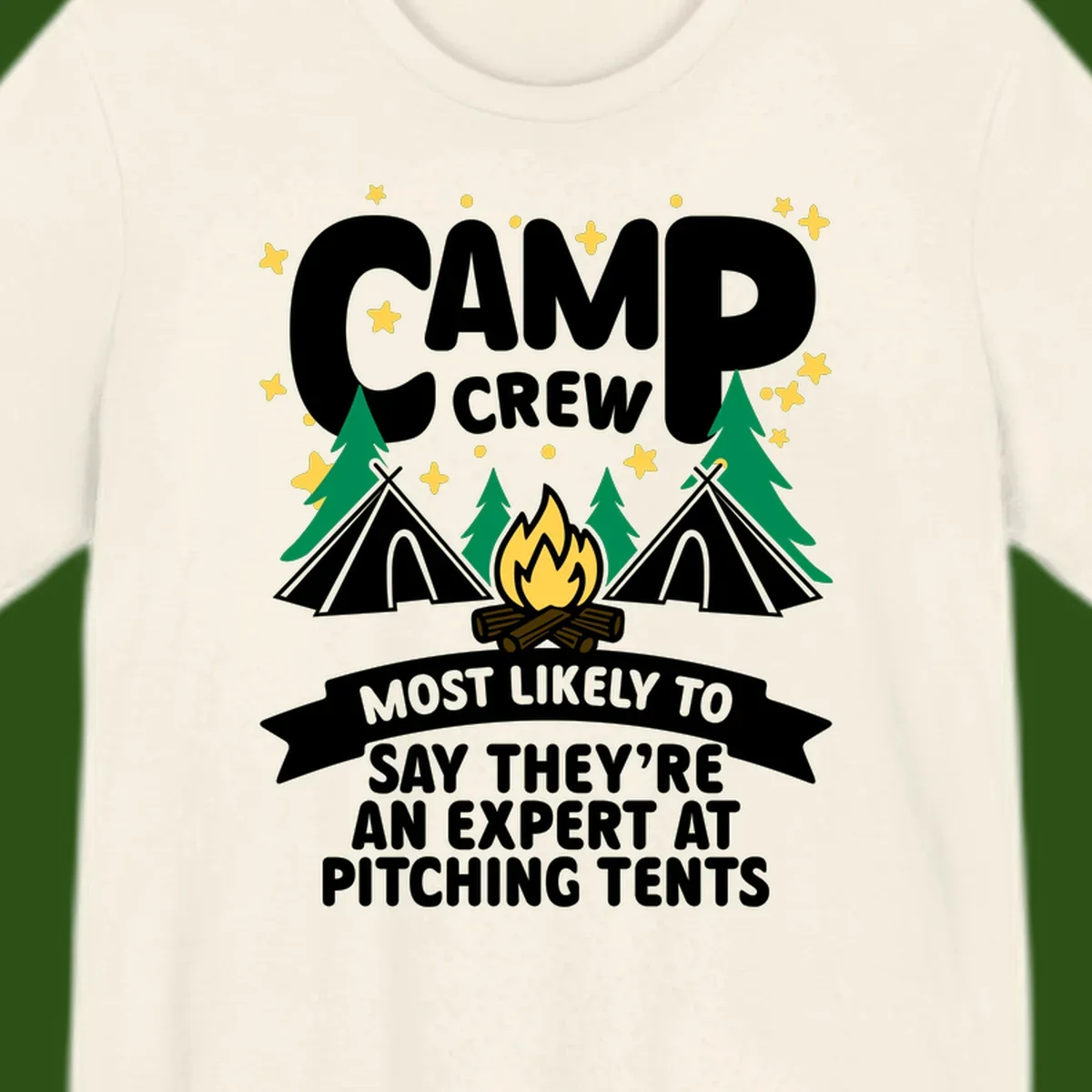 Illustration of camp crew tent pitching design with campfire, tents, trees, and stars on gray background