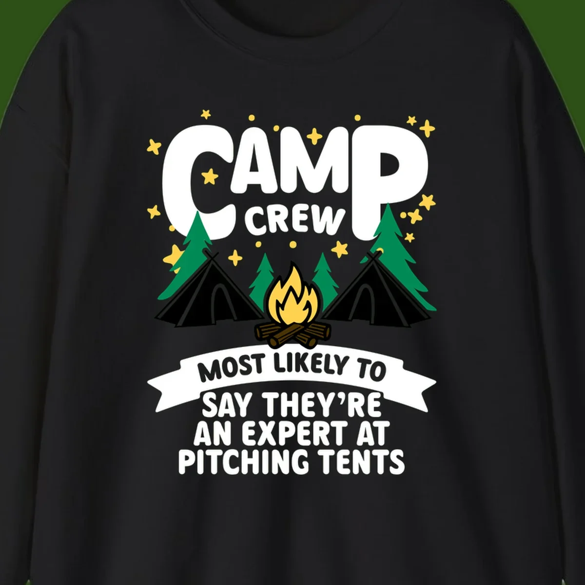 Illustration of camp crew tent pitching design with campfire, tents, trees, and stars on gray background