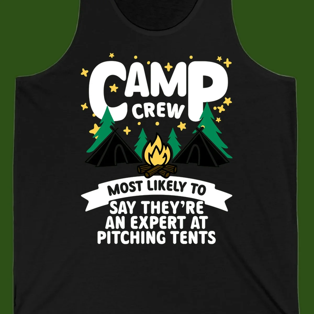 Illustration of camp crew tent pitching design with campfire, tents, trees, and stars on gray background