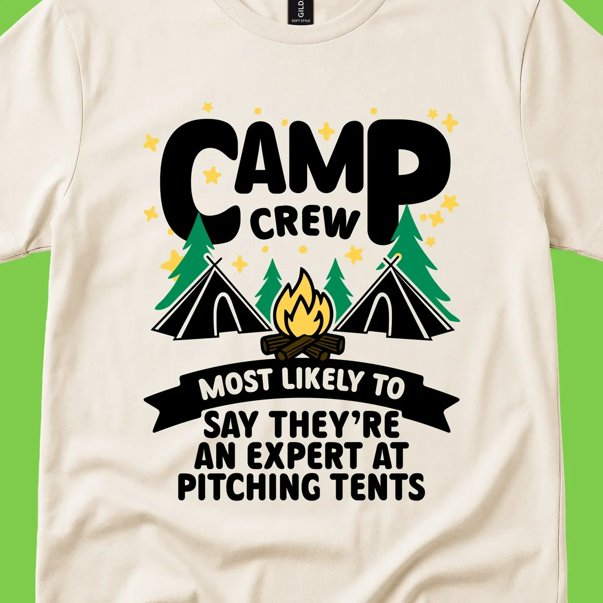 Illustration of camp crew tent pitching design with campfire, tents, trees, and stars on gray background