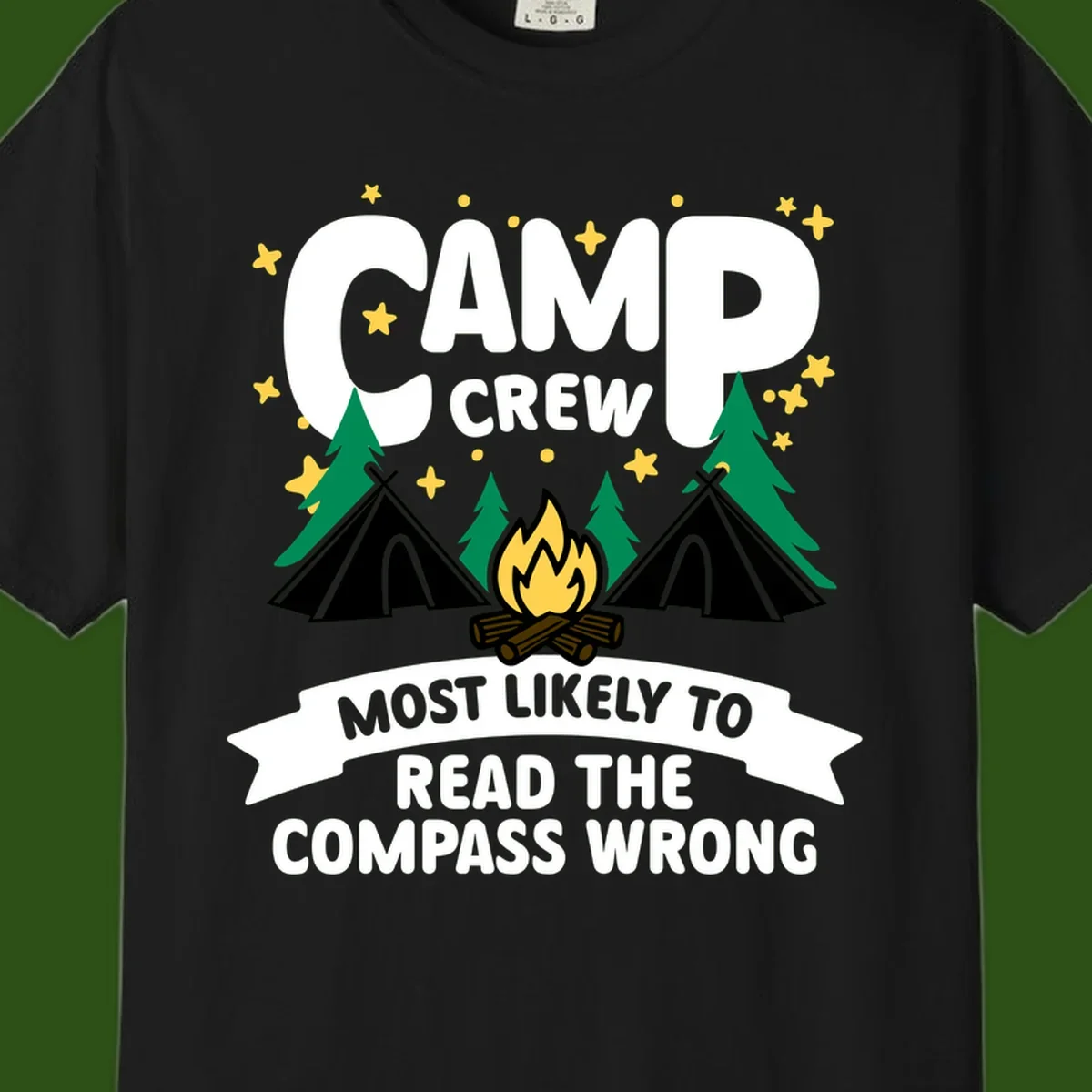 Camp crew compass wrong design with teepees, campfire, trees and stars around funny camp superlative text