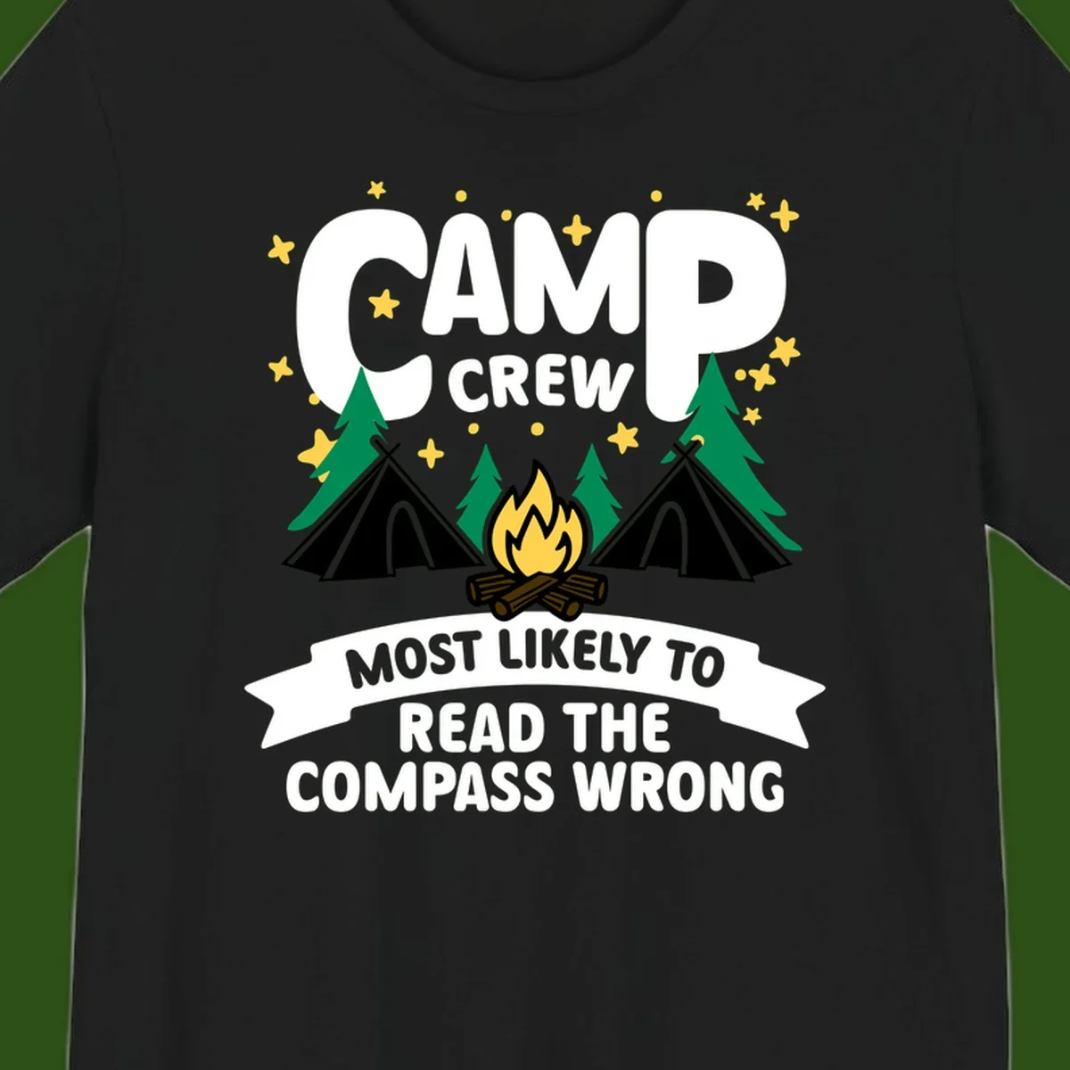 Camp crew compass wrong design with teepees, campfire, trees and stars around funny camp superlative text