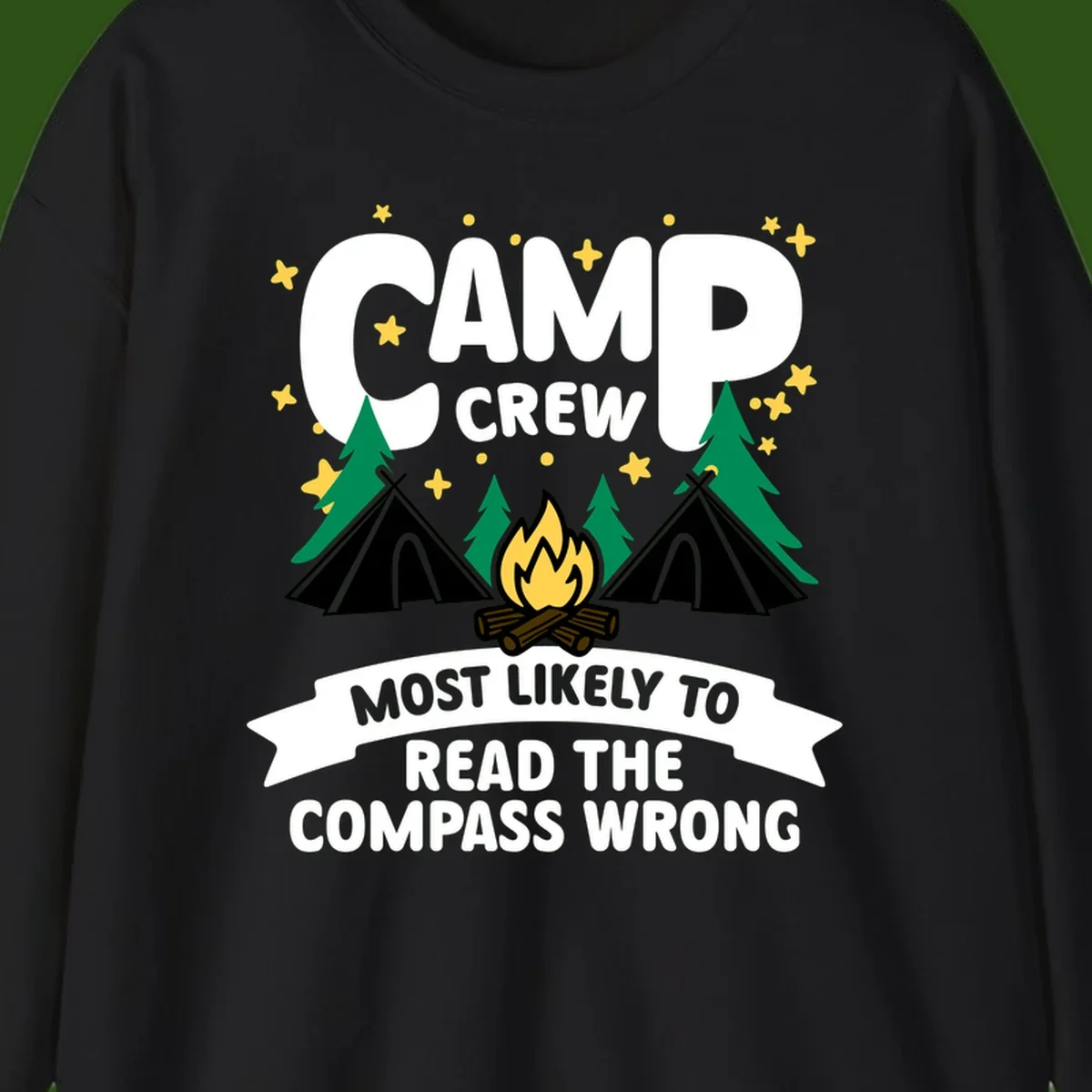 Camp crew compass wrong design with teepees, campfire, trees and stars around funny camp superlative text