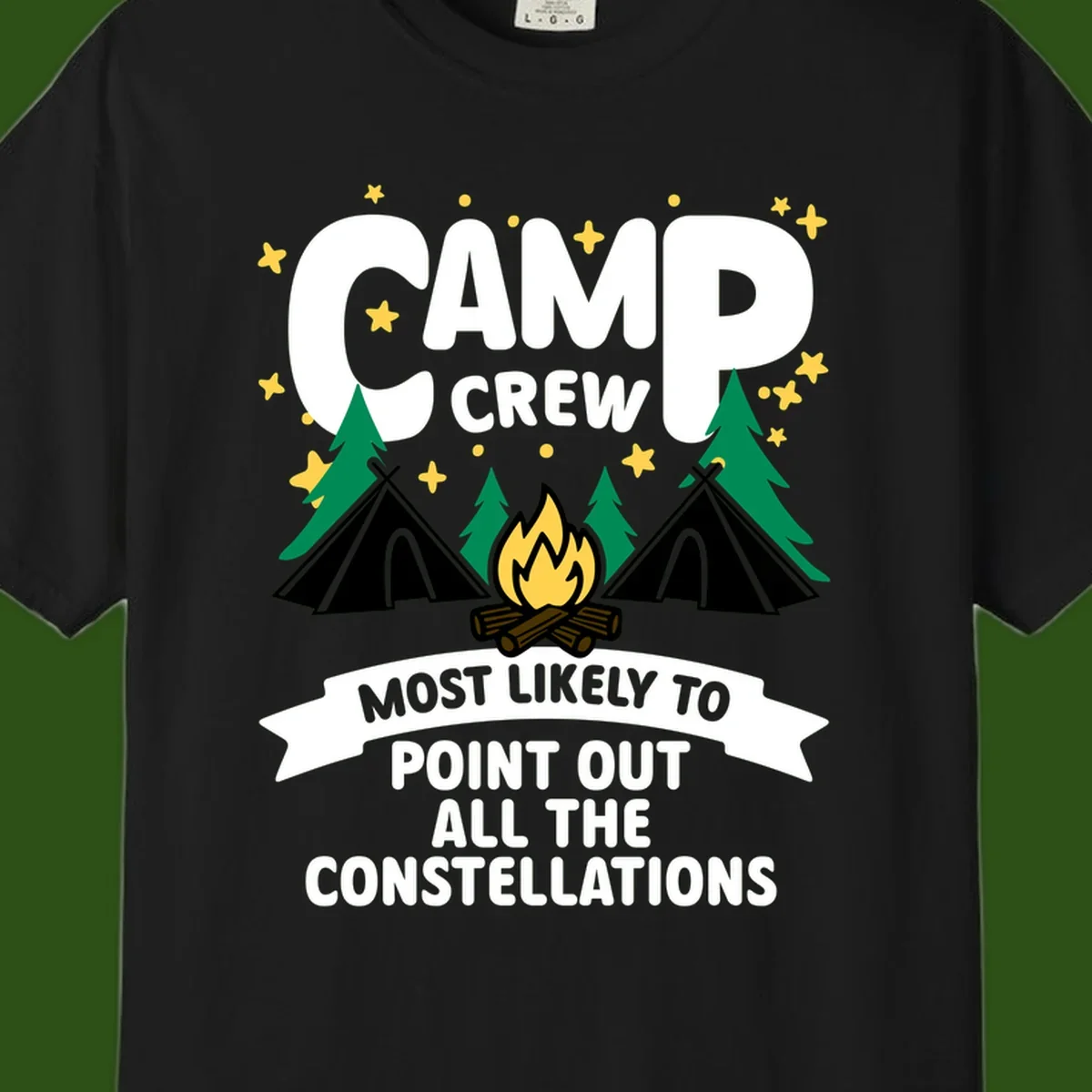 Camp crew constellation design showing campfire, tents, trees and stars with text about pointing out constellations