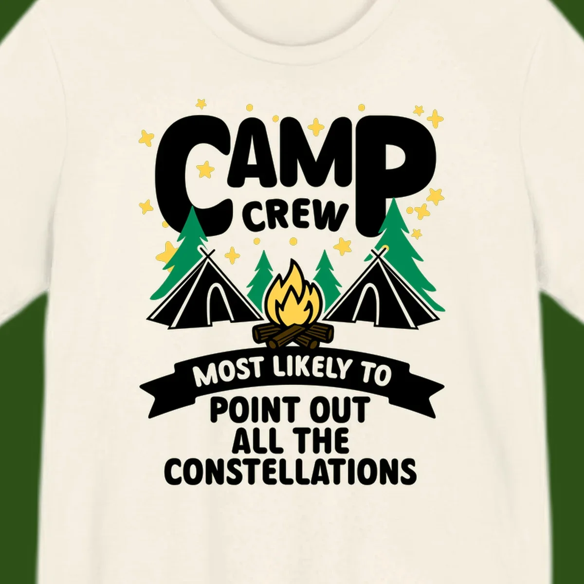 Camp crew constellation design showing campfire, tents, trees and stars with text about pointing out constellations