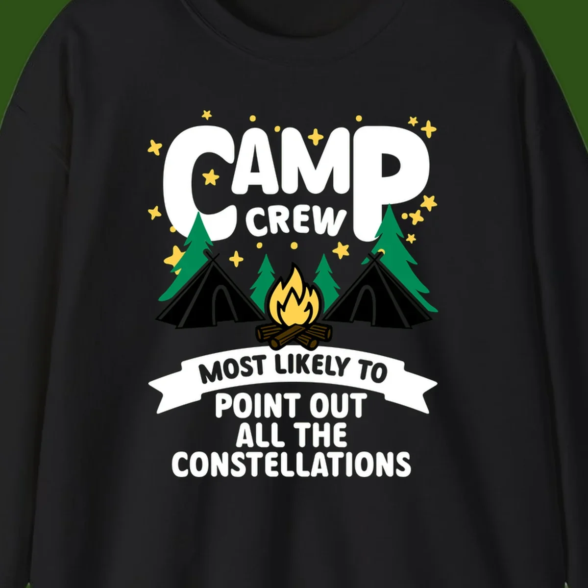 Camp crew constellation design showing campfire, tents, trees and stars with text about pointing out constellations