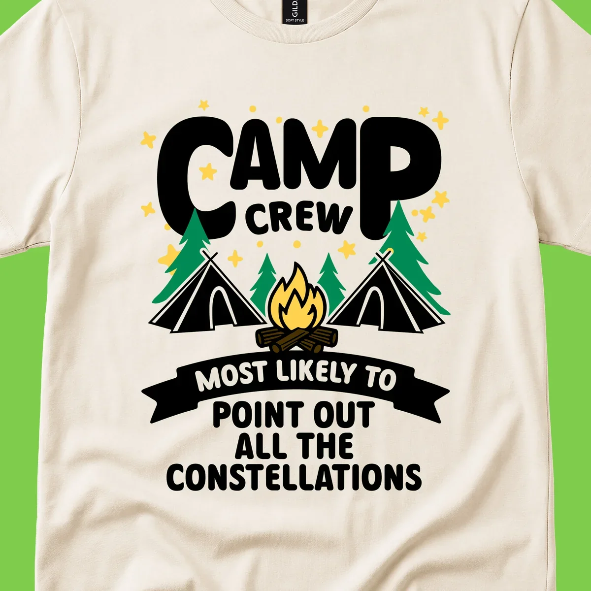 Camp crew constellation design showing campfire, tents, trees and stars with text about pointing out constellations