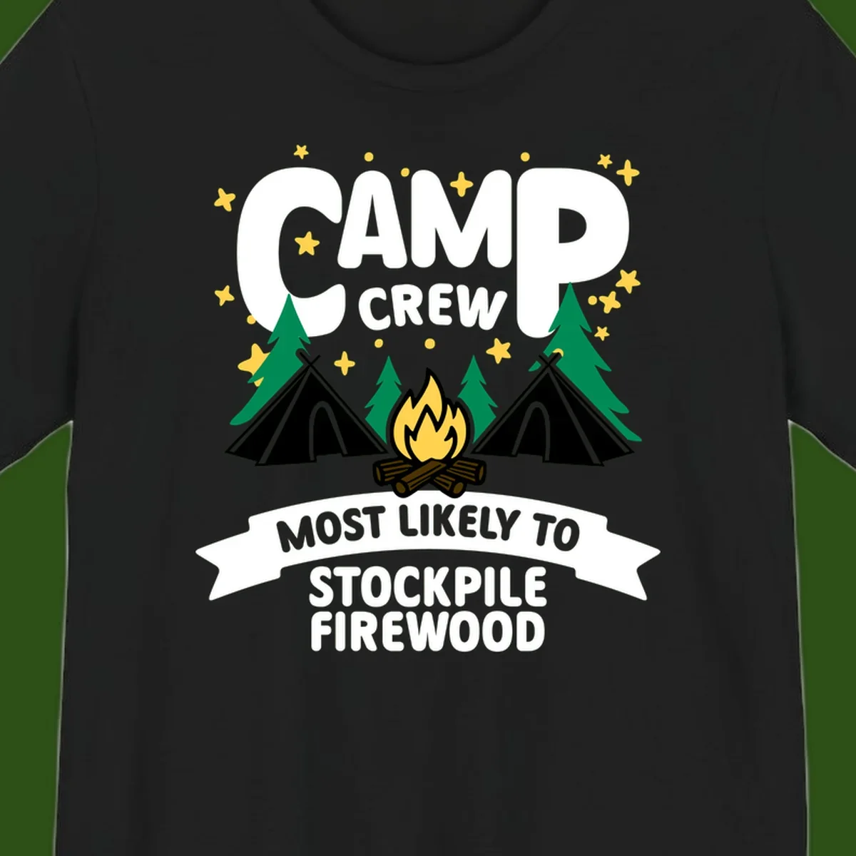 Camp crew firewood superlative design with campfire, tents, and evergreen trees on gray background with stars