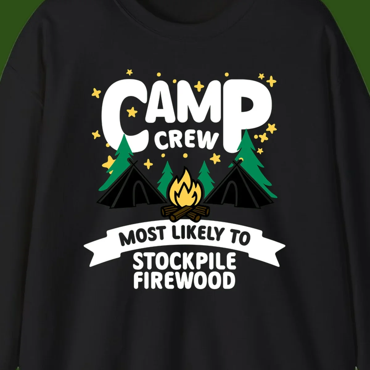 Camp crew firewood superlative design with campfire, tents, and evergreen trees on gray background with stars