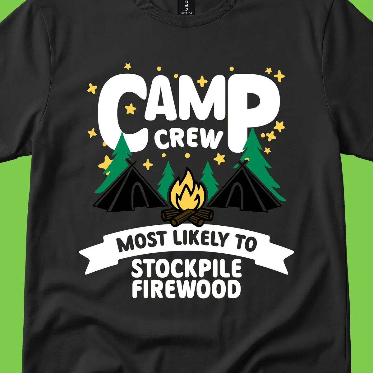 Camp crew firewood superlative design with campfire, tents, and evergreen trees on gray background with stars