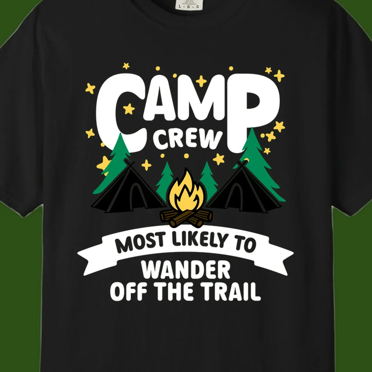 Camp crew wander off trail design with campfire, teepees, trees, and stars on gray background