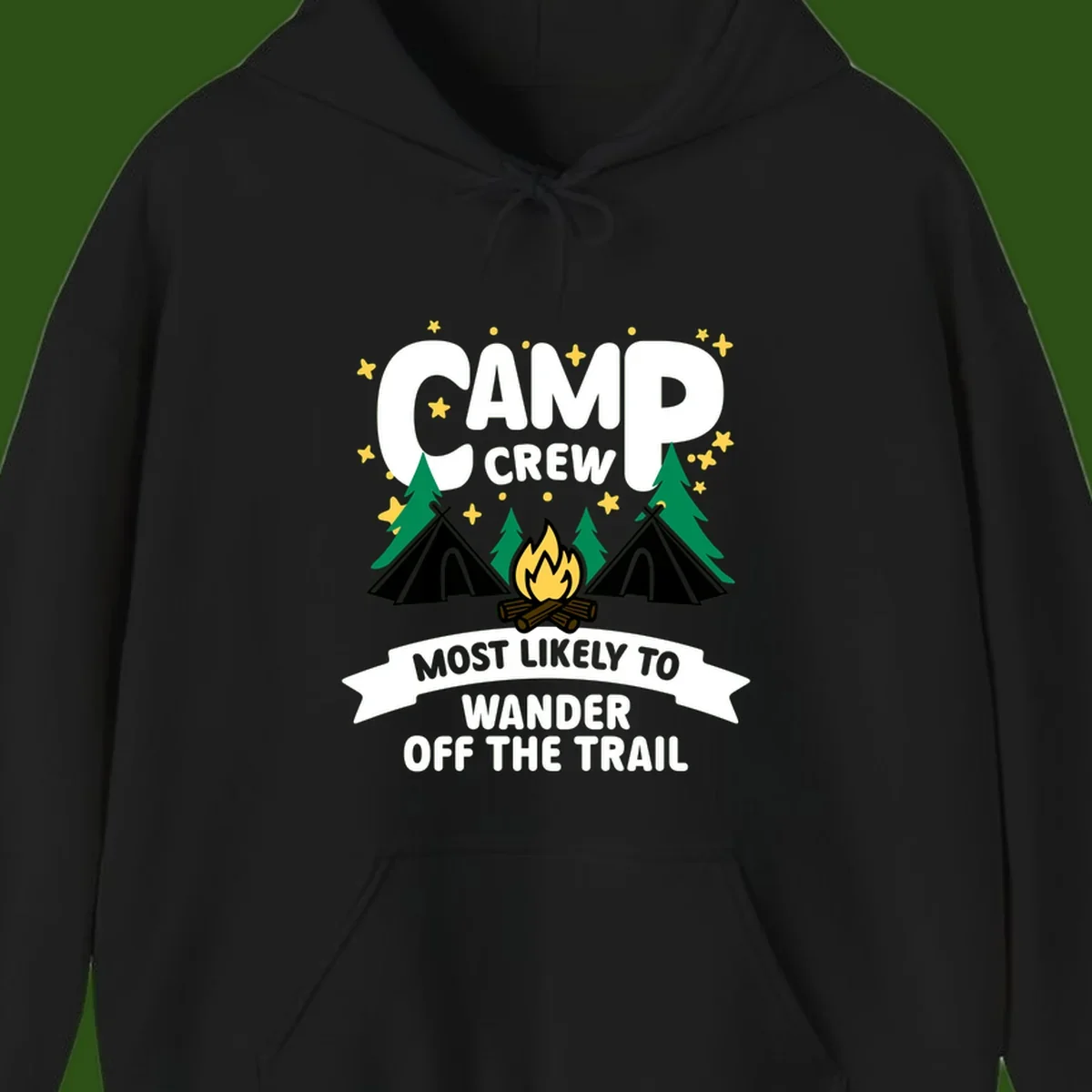 Camp crew wander off trail design with campfire, teepees, trees, and stars on gray background
