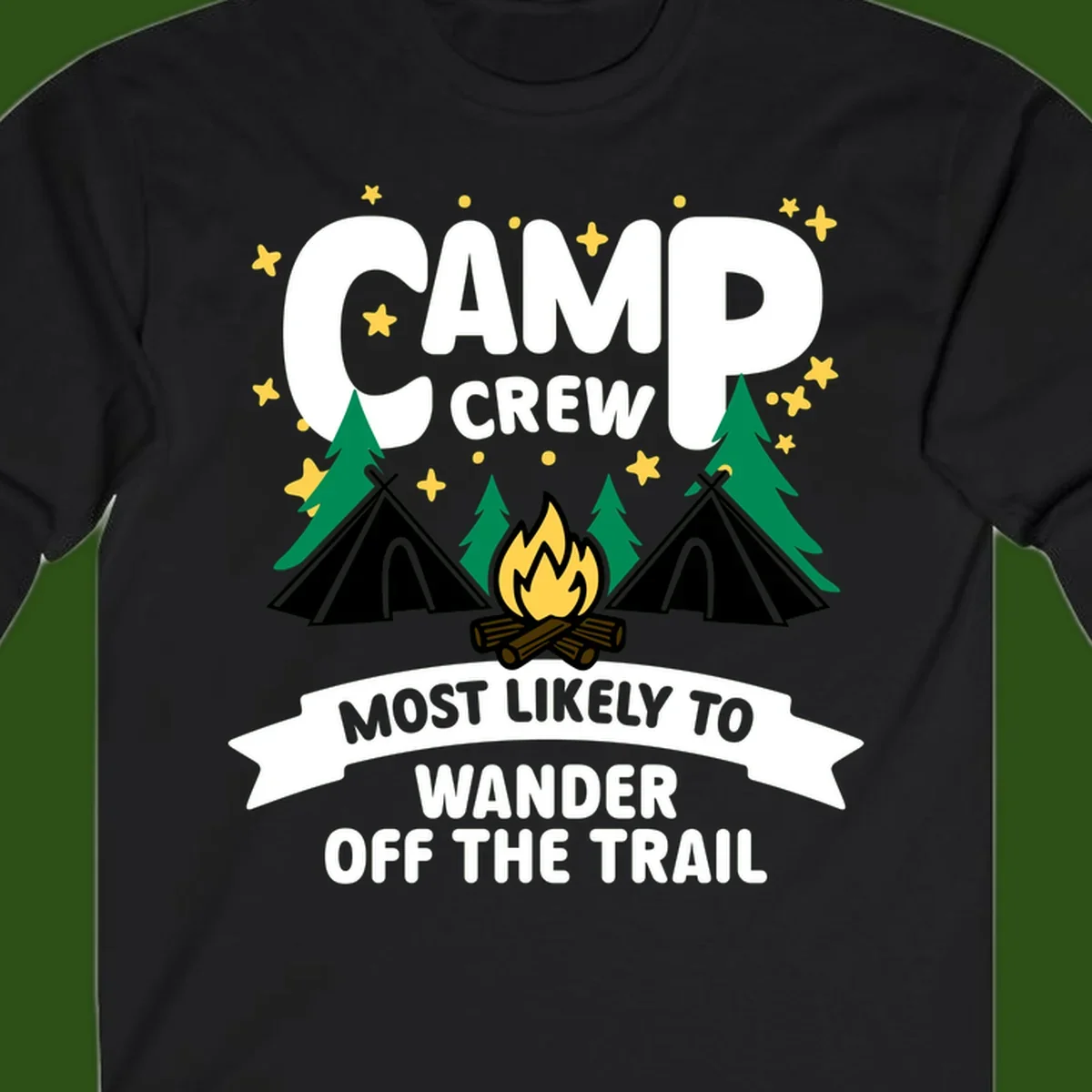 Camp crew wander off trail design with campfire, teepees, trees, and stars on gray background