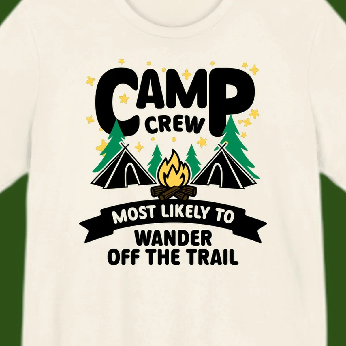 Camp crew wander off trail design with campfire, teepees, trees, and stars on gray background