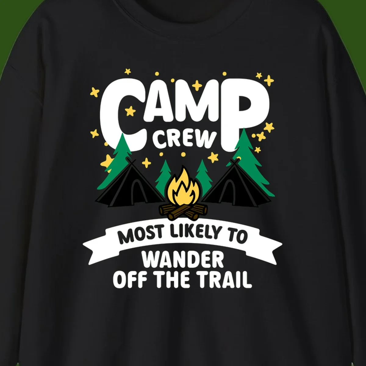 Camp crew wander off trail design with campfire, teepees, trees, and stars on gray background