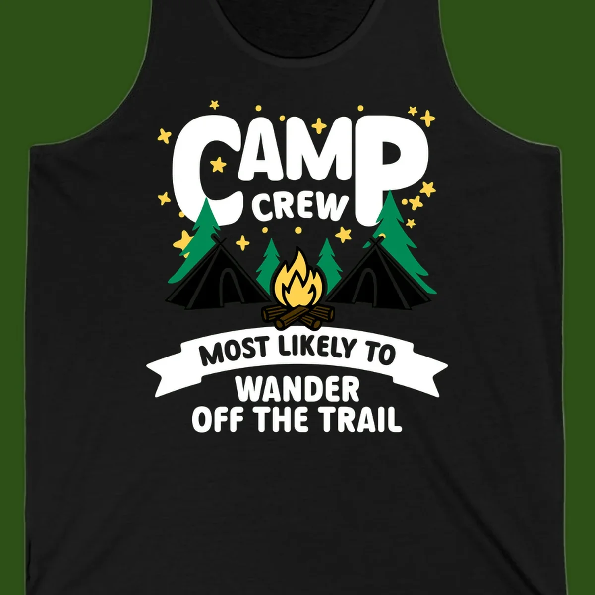 Camp crew wander off trail design with campfire, teepees, trees, and stars on gray background