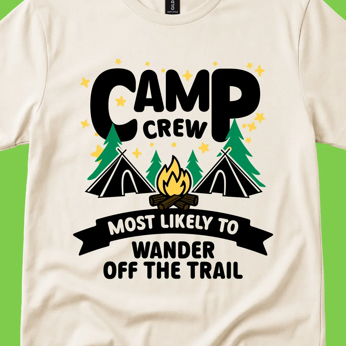 Camp crew wander off trail design with campfire, teepees, trees, and stars on gray background
