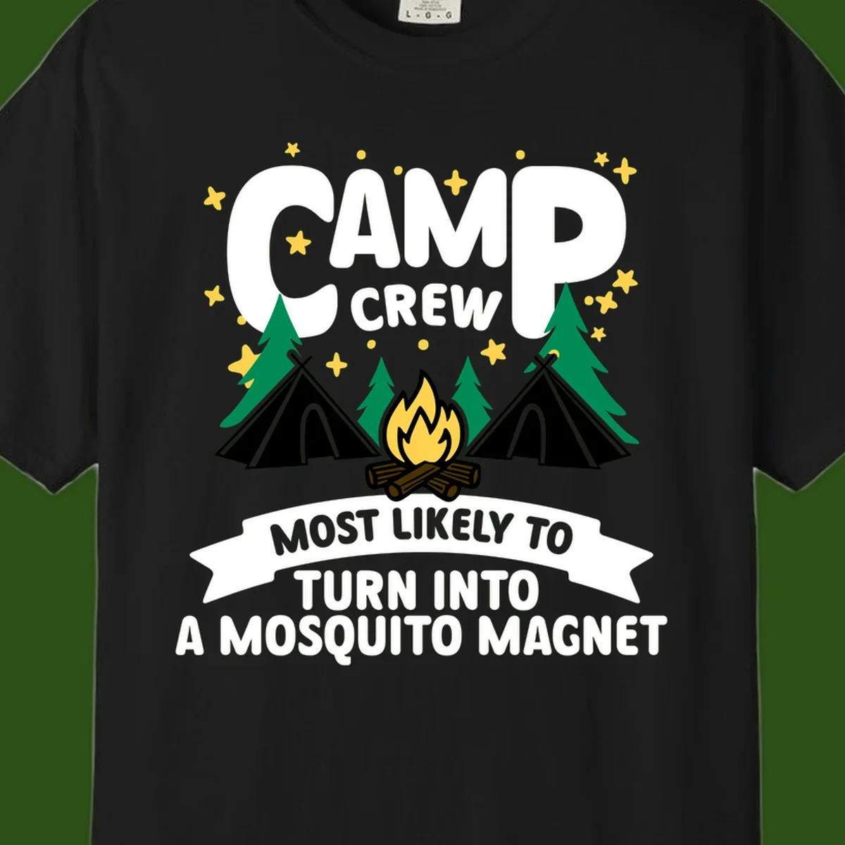 Mosquito magnet camp design with tents, campfire, trees and stars; 'Camp Crew' text with humorous camping superlative