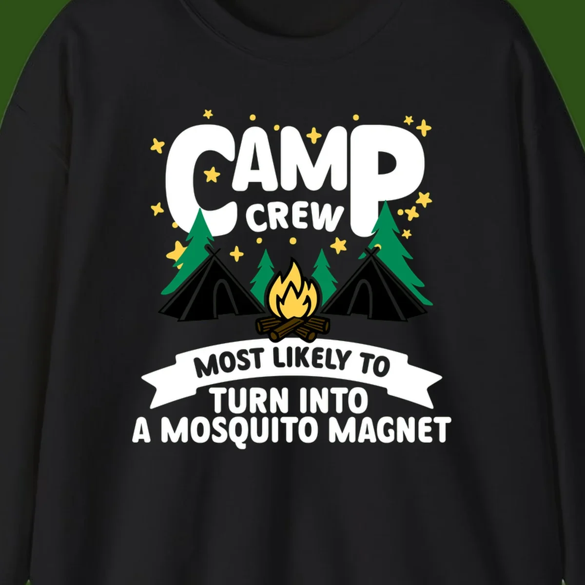 Mosquito magnet camp design with tents, campfire, trees and stars; 'Camp Crew' text with humorous camping superlative