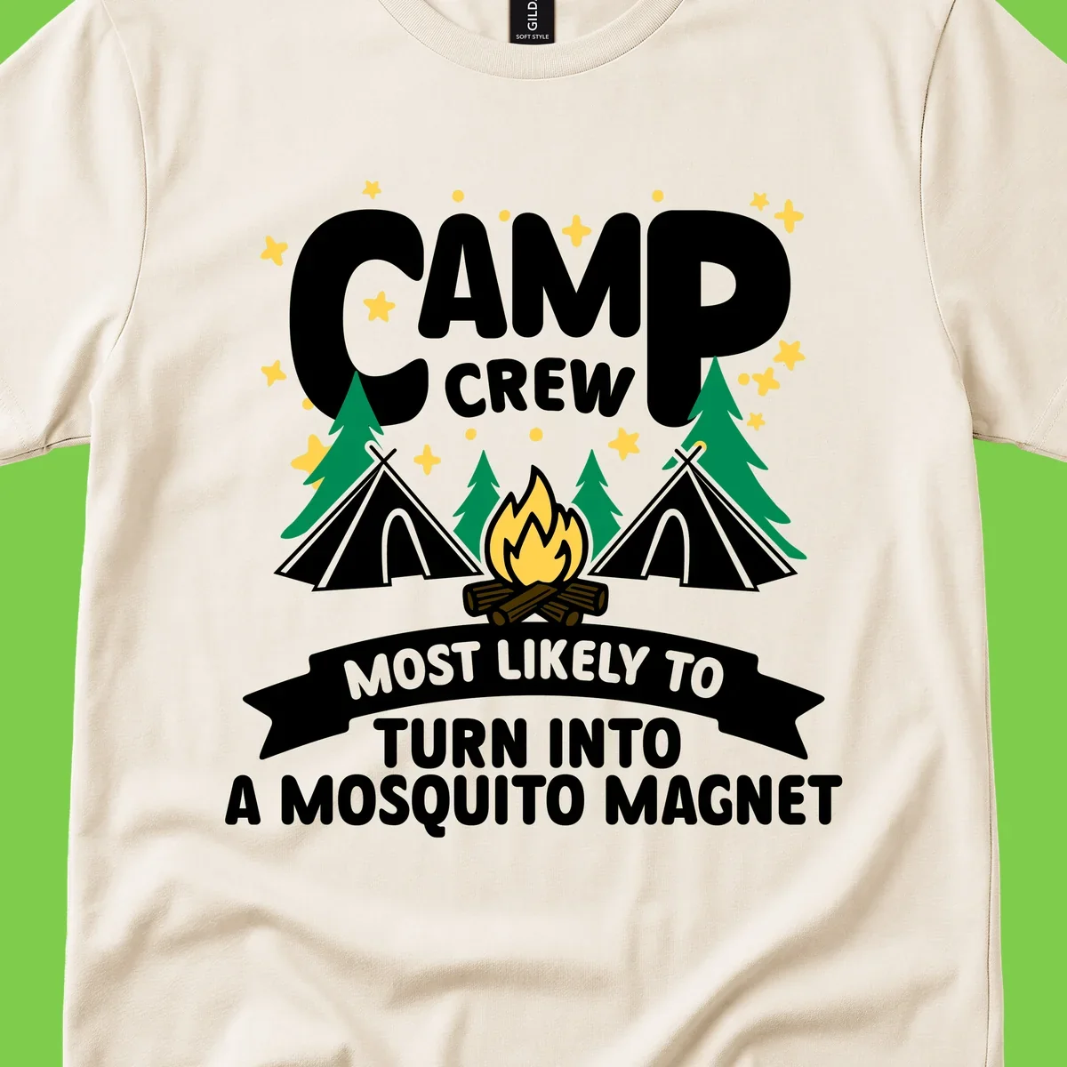Mosquito magnet camp design with tents, campfire, trees and stars; 'Camp Crew' text with humorous camping superlative