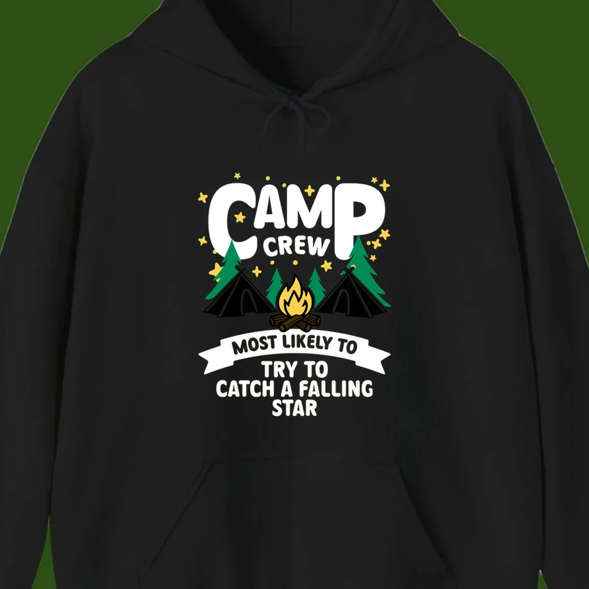 Camp crew falling star design with campfire, tents, trees, and stars on gray background
